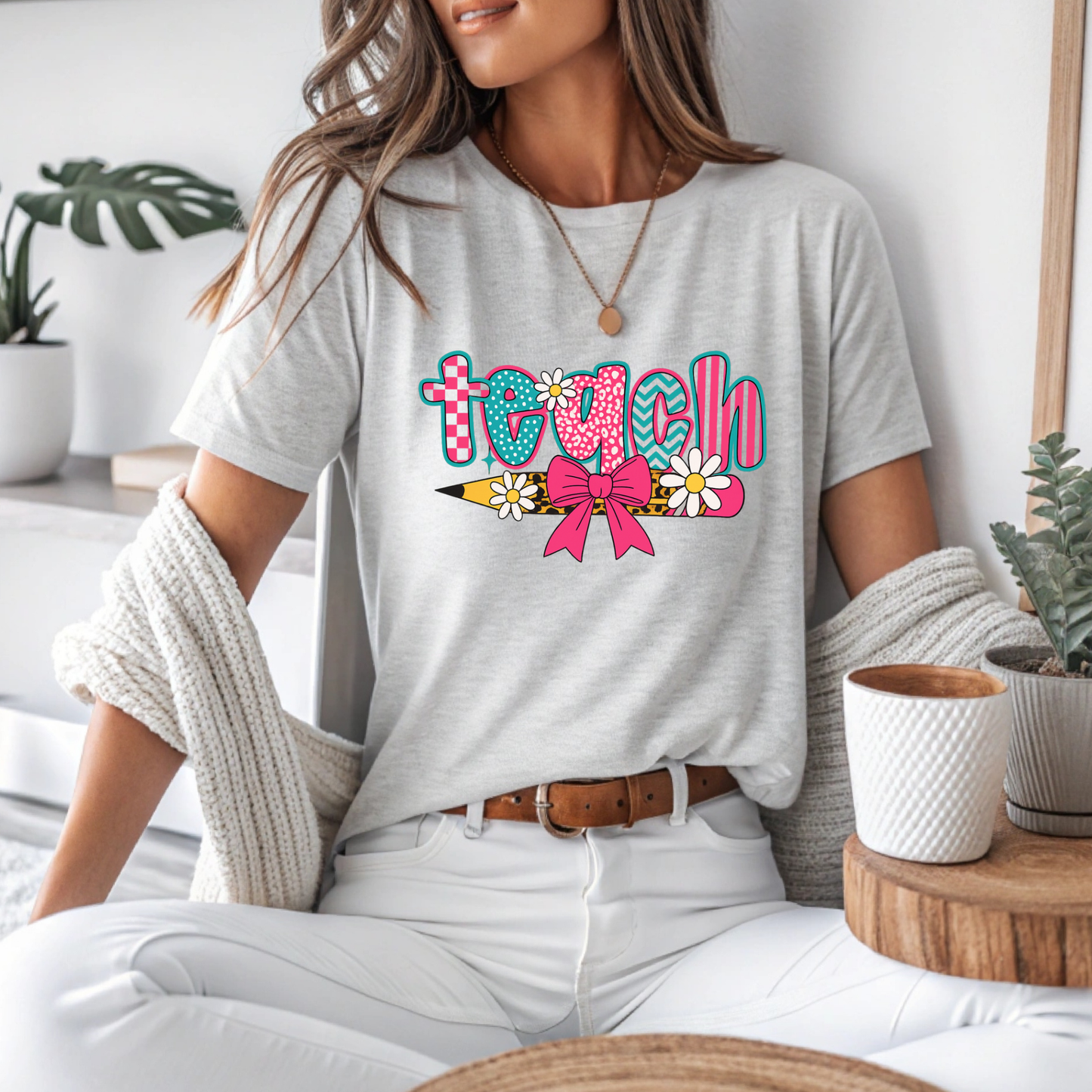 "Retro Checkered Teach" Bella + Canvas 3001 Tee