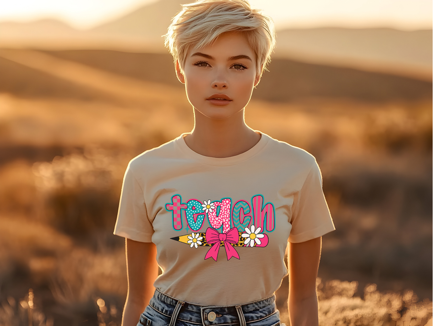 "Retro Checkered Teach" Bella + Canvas 3001 Tee