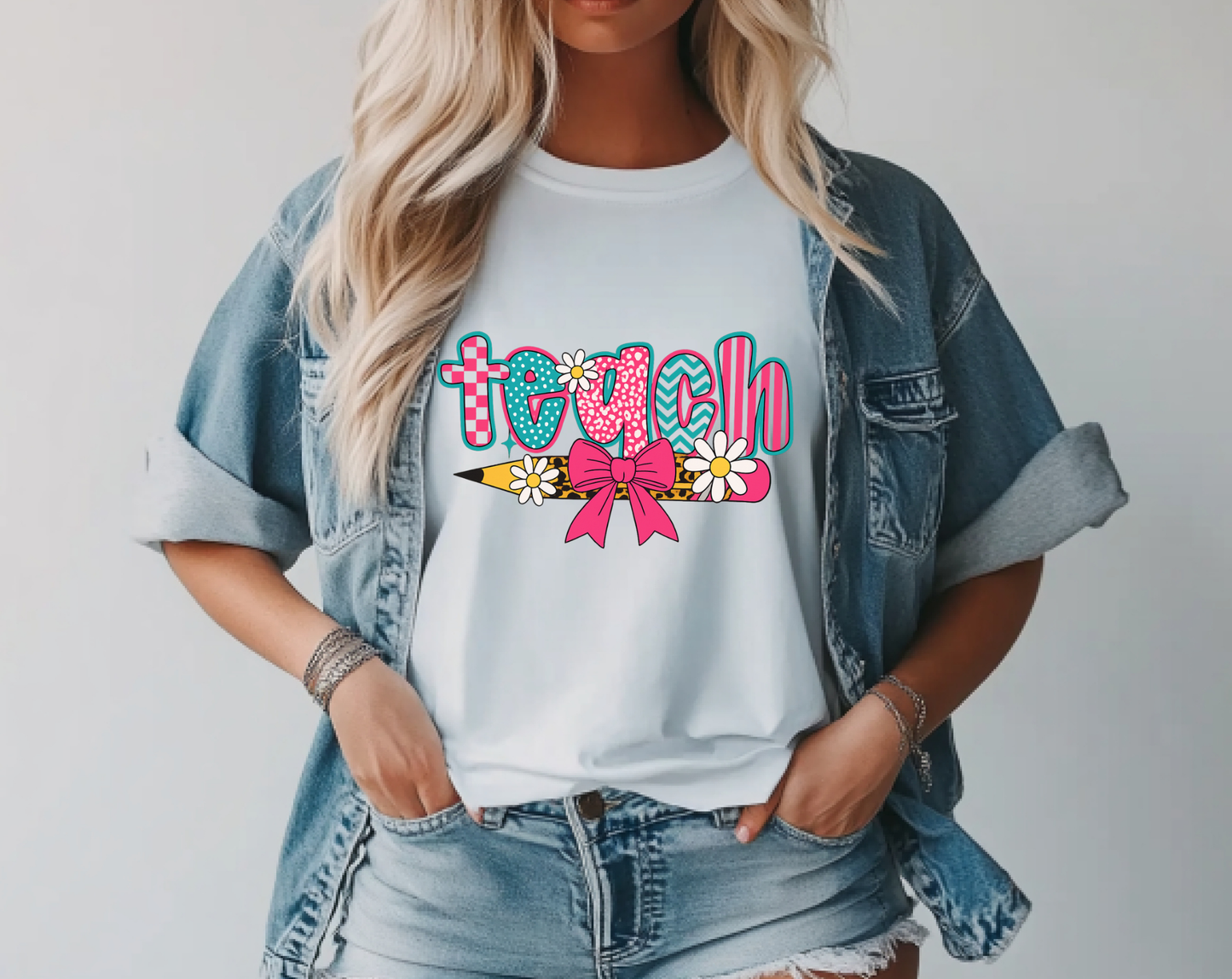 "Retro Checkered Teach" Bella + Canvas 3001 Tee